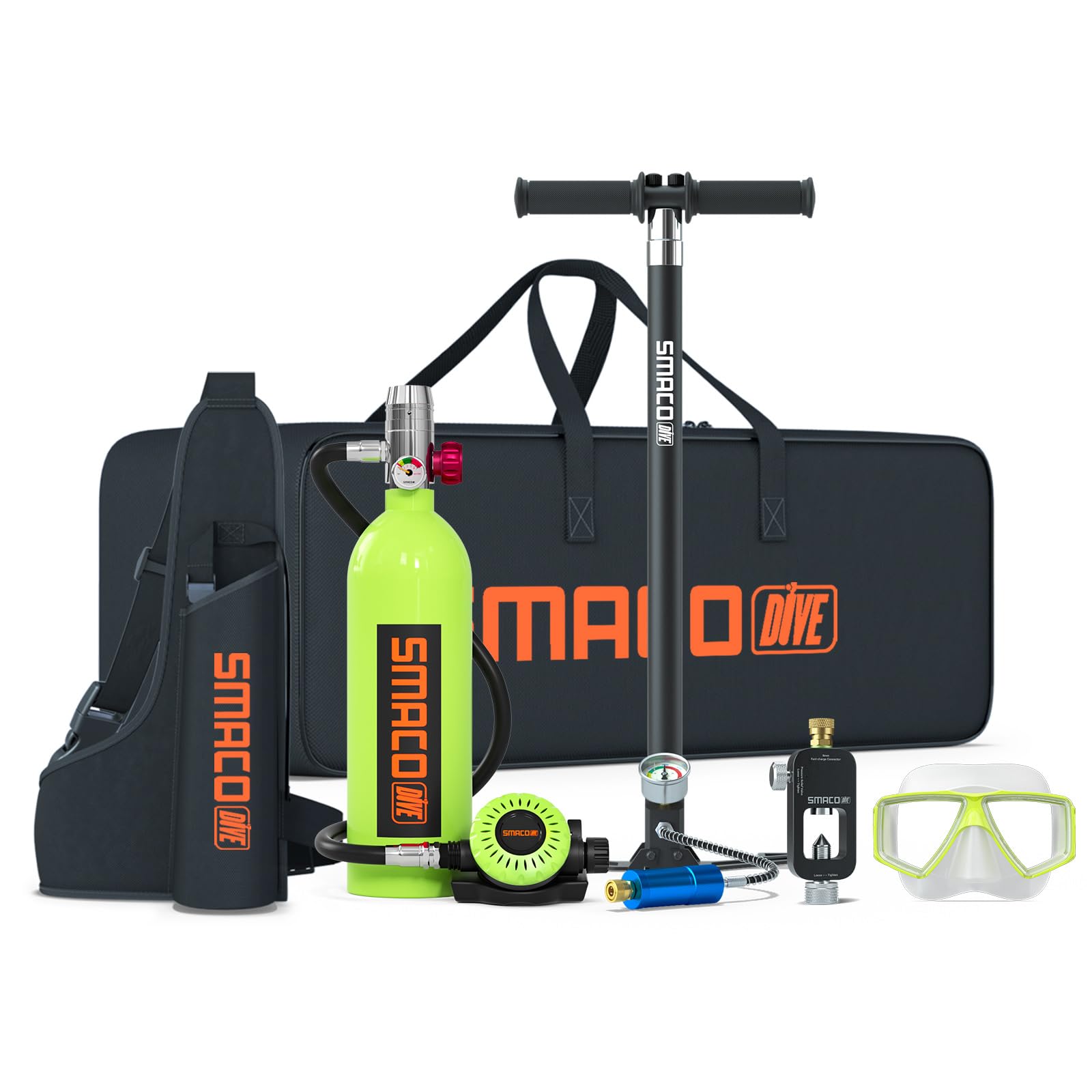 SMACO Mini Scuba Tank 1L Small Diving Tank up to 20 Minutes Dive Time Portable Lung Air Tank Diving Oxygen Cylinder Kit for Underwater Exploration Emergency Rescue Pony Bottle S400