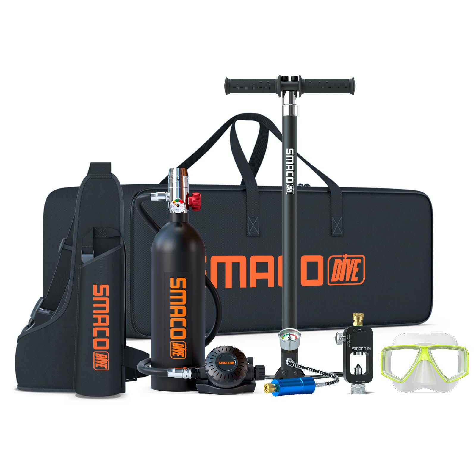 SMACO Mini Scuba Tank 1L Small Diving Tank up to 20 Minutes Dive Time Portable Lung Air Tank Diving Oxygen Cylinder Kit for Underwater Exploration Emergency Rescue Pony Bottle S400