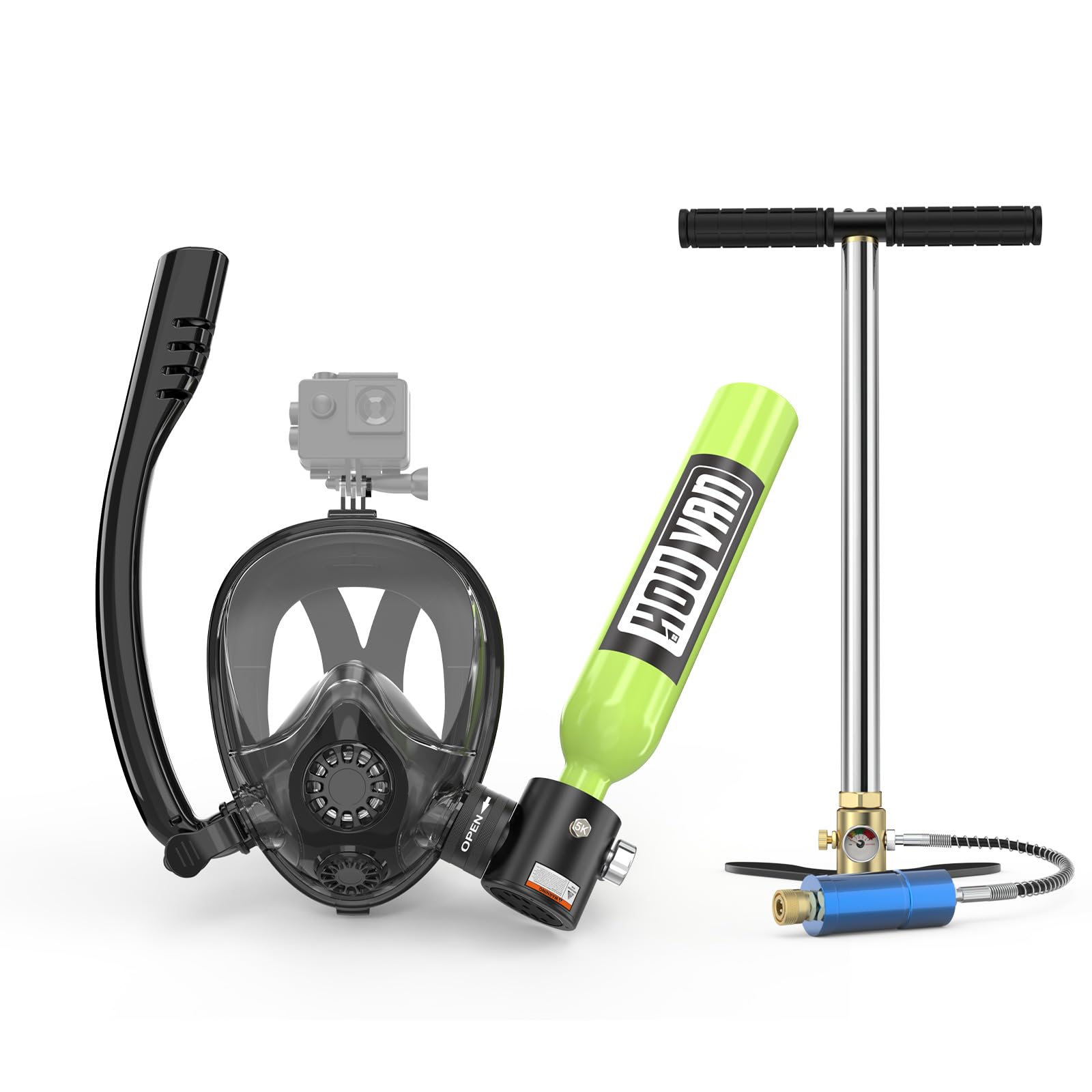 Mini Scuba Tank with Snorkel Mask 0.5L Inflatable Diving Tank with Full Face Diving Mask Pony Bottle Backup Diving Air Tank Suits for Recreational Snorkeling Shallow Diving