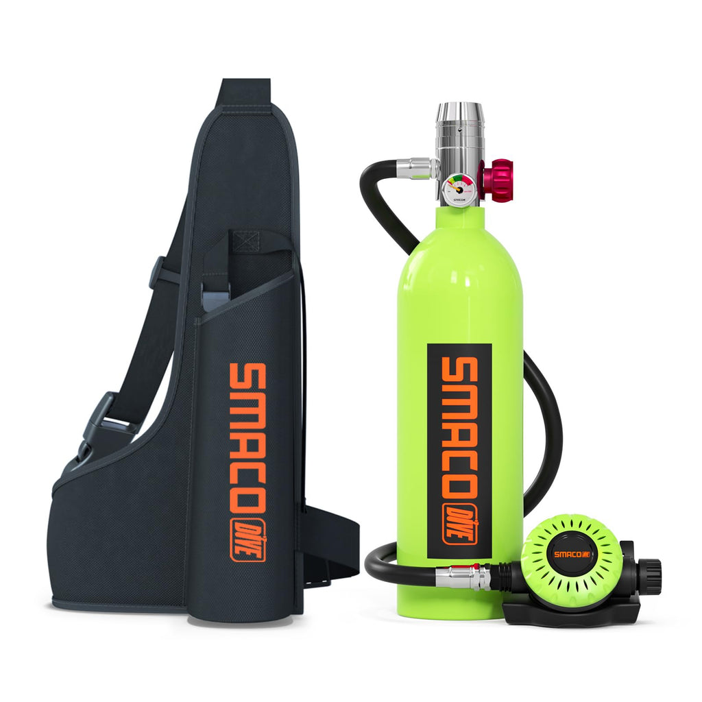 SMACO Mini Scuba Tank 1L Small Diving Tank up to 20 Minutes Dive Time Portable Lung Air Tank Diving Oxygen Cylinder Kit for Underwater Exploration Emergency Rescue Pony Bottle S400