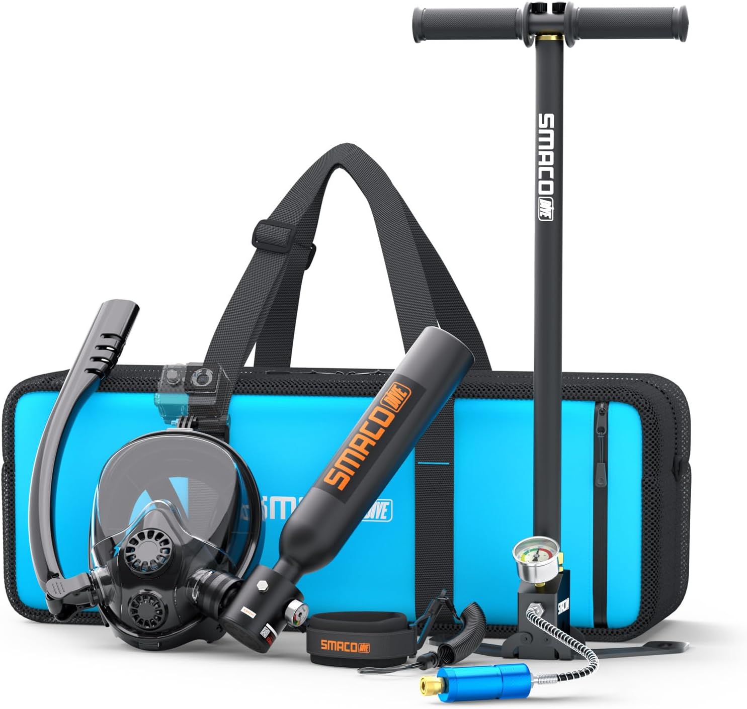 SMACO Mini Scuba Tank with Snorkel Mask 0.5L Portable Small Diving Tank with Full Face Diving Mask Reusable DOT Certified Pony Bottle Diving Cylinder Kit with High Pressure Hand Pump for Snorkeling