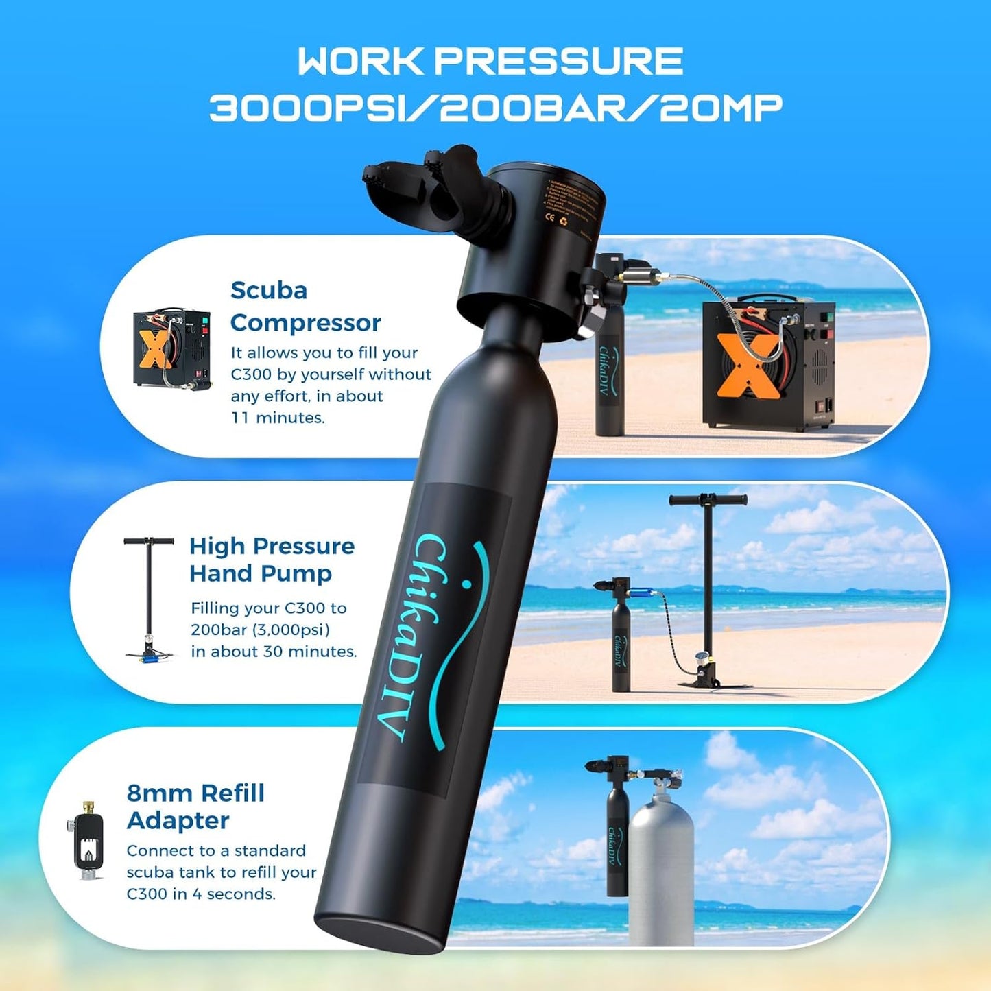 Mini Scuba Tank with Pump,Portable Diving Tank,0.5l Lung Tank for Snorkeling Diving, Reusable Scuba Diving Kit Gear with Pump Underwater Breathing Training, Emergency Rescue