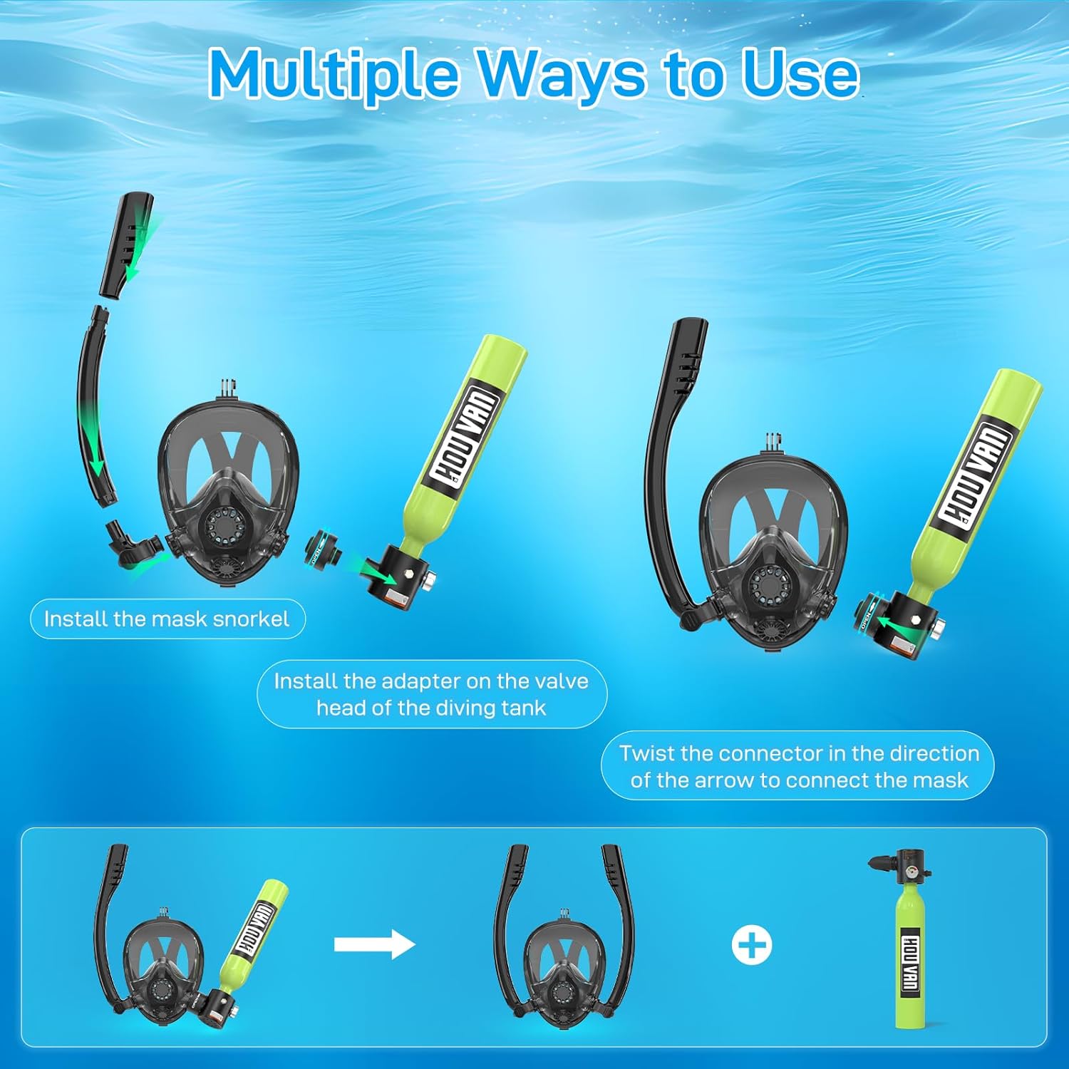 Mini Scuba Tank with Snorkel Mask 0.5L Inflatable Diving Tank with Full Face Diving Mask Pony Bottle Backup Diving Air Tank Suits for Recreational Snorkeling Shallow Diving