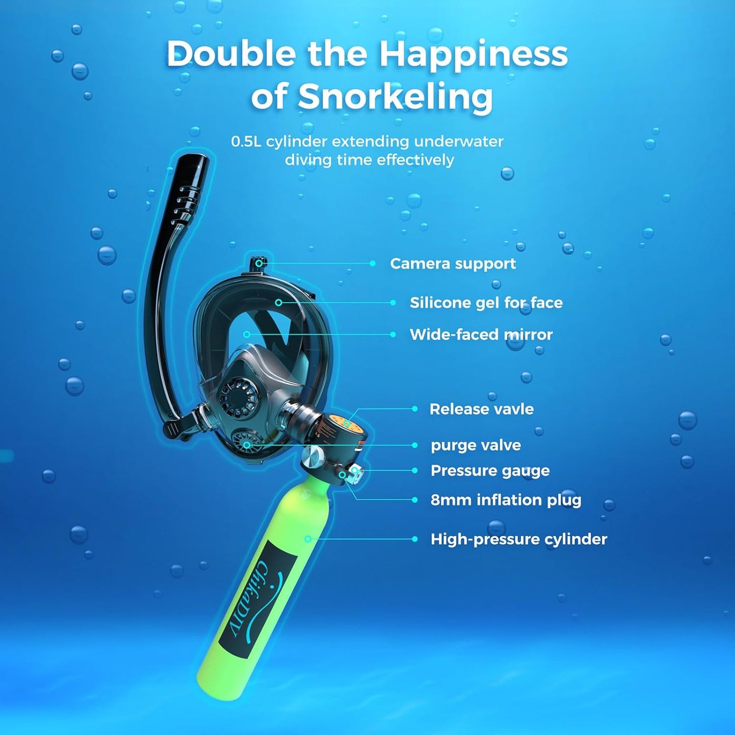 Mini Scuba Tank with Sub-Mask, 0.5L Diving Tank with Full-face Mask Underwater Breath System up to 10 Minutes