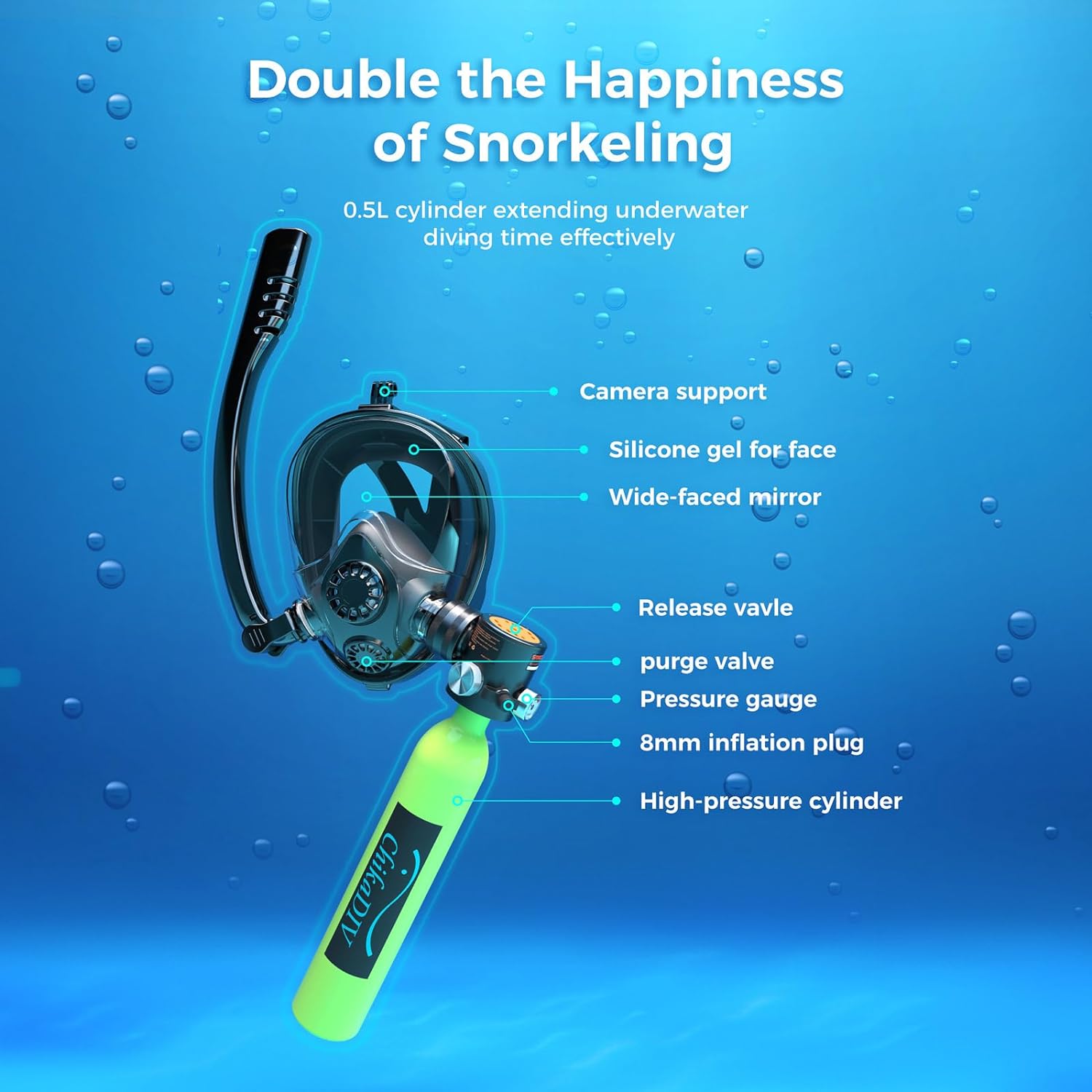 Mini Scuba Tank with Sub-Mask, 0.5L Diving Tank with Full-face Mask Underwater Breath System up to 10 Minutes