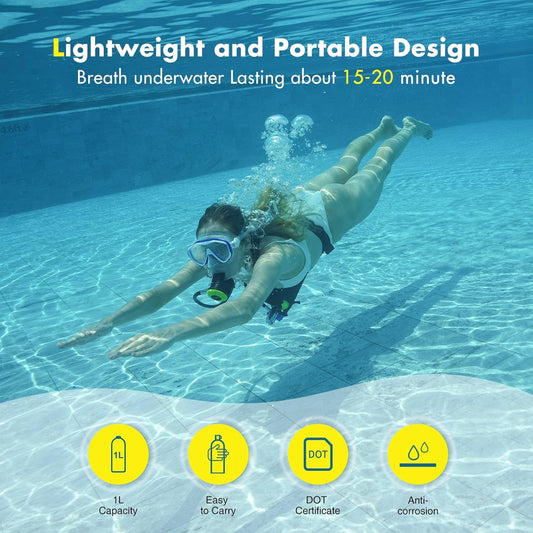 Mini Scuba Tank, 1L Lung Tank for 12-18 Minute Underwater Breathing for Snorkeling & Scuba Diving Tank for Exploration Emergency