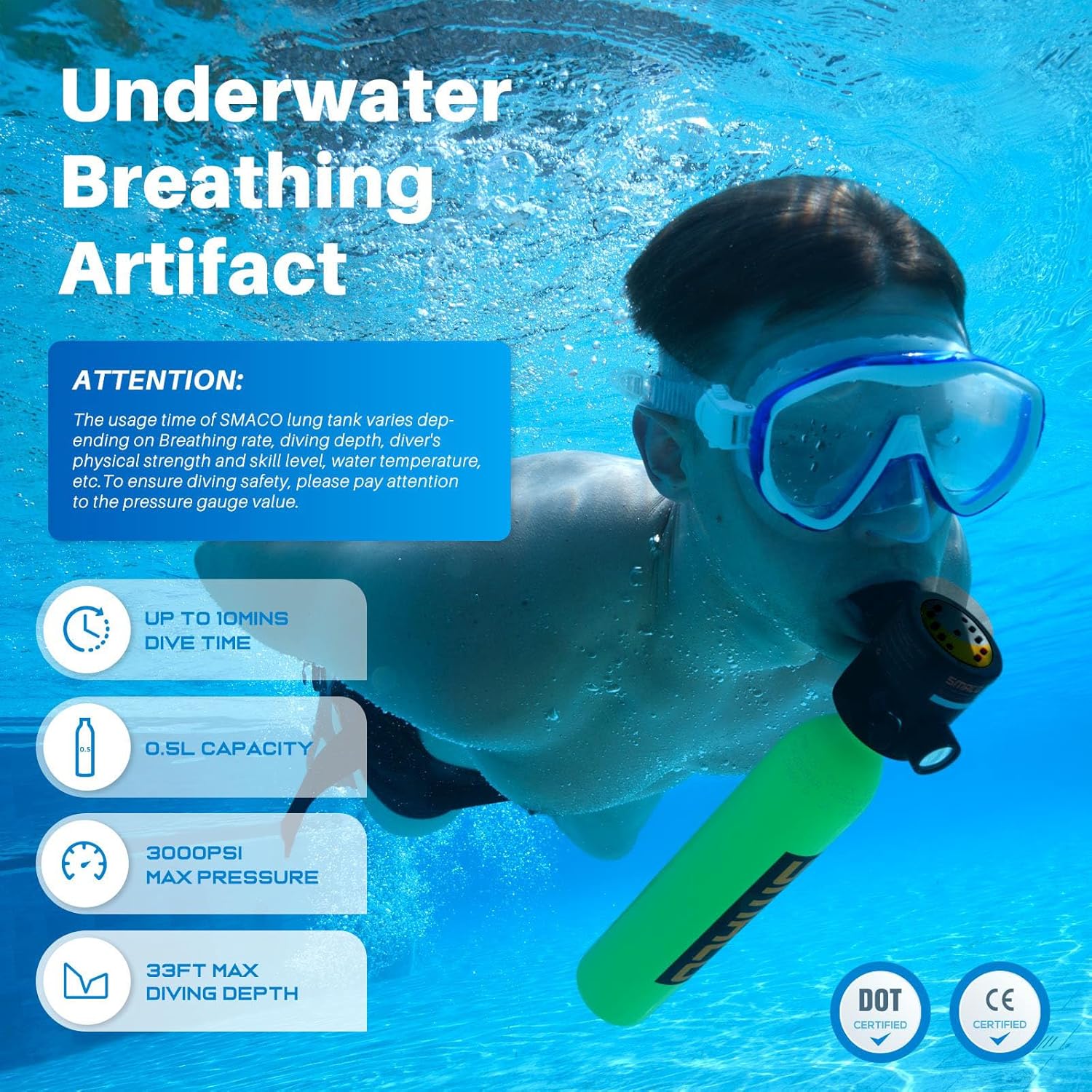 SMACO Mini Scuba Tank 0.5L Portable Small Diving Tank for Underwater Breathing Reusable Diving Cylinder up to 10 Minutes Dive Time Lung Diving Tank Emergency Rescue Pony Bottle S300