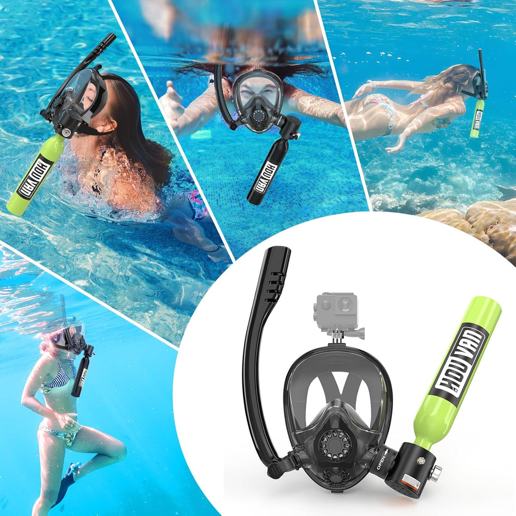 Mini Scuba Tank with Snorkel Mask 0.5L Inflatable Diving Tank with Full Face Diving Mask Pony Bottle Backup Diving Air Tank Suits for Recreational Snorkeling Shallow Diving