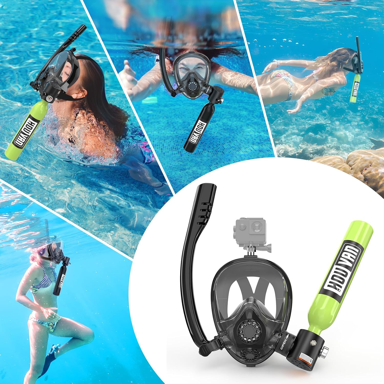 Mini Scuba Tank with Snorkel Mask 0.5L Inflatable Diving Tank with Full Face Diving Mask Pony Bottle Backup Diving Air Tank Suits for Recreational Snorkeling Shallow Diving